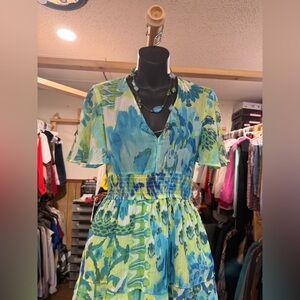 Zara Blue & Green Floral Tiered V-Neck Mini Dress